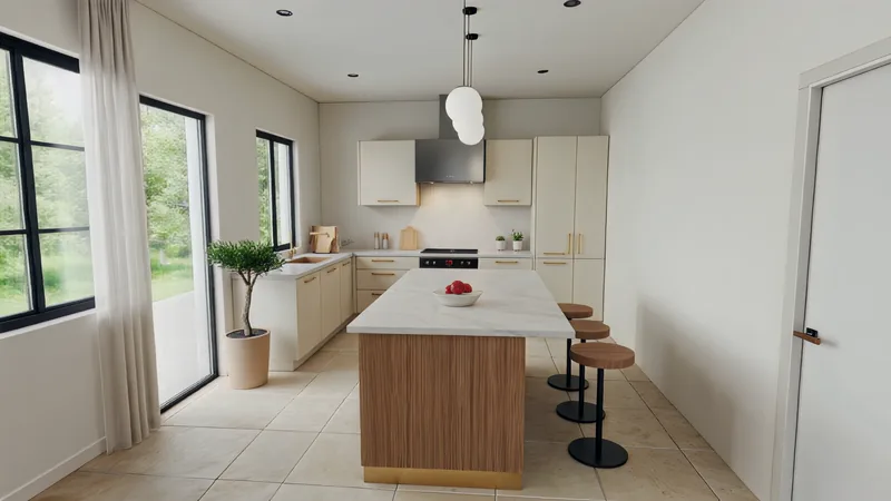 Kitchen with an oak island and bar stools