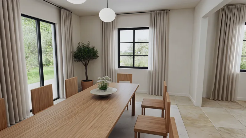 Dining room with a long oak table and doors to the garden
