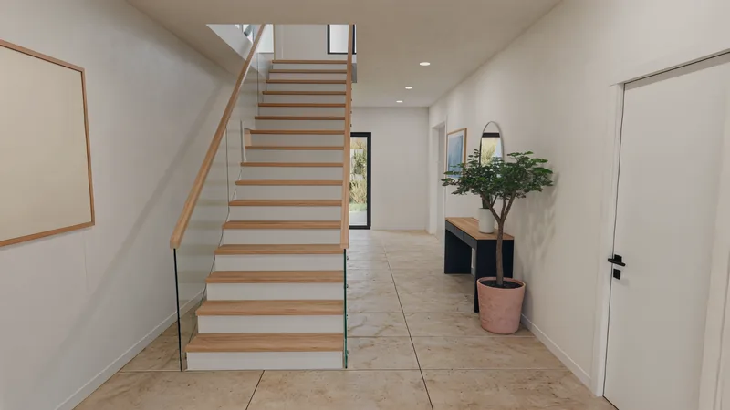 Foyer with a wood and glass staircase