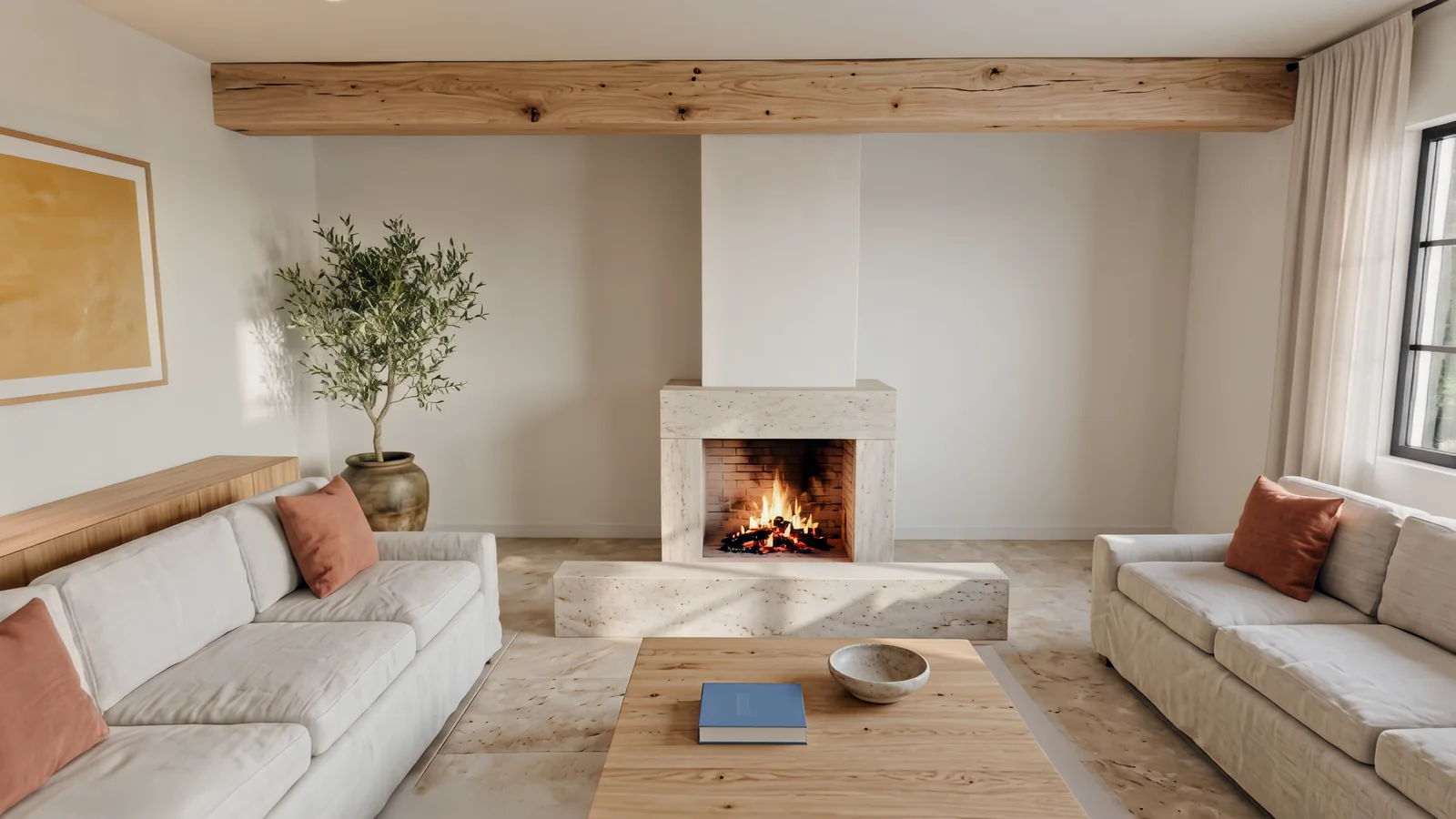 Living room with a lit fireplace, facing sofas and a wooden beam